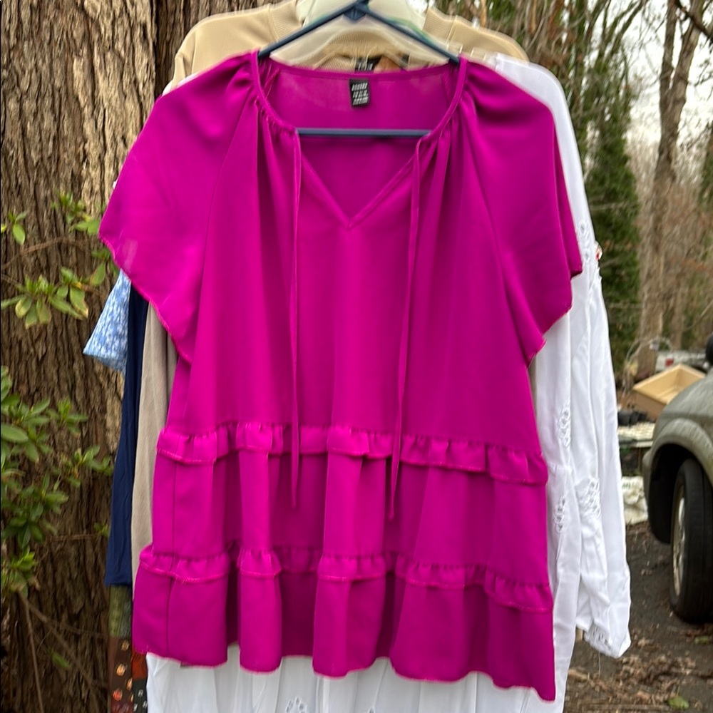 GOMORN Women's Pink Purple Top Blouse Tiered Tie Neckline V-Neck Short Sleeves L